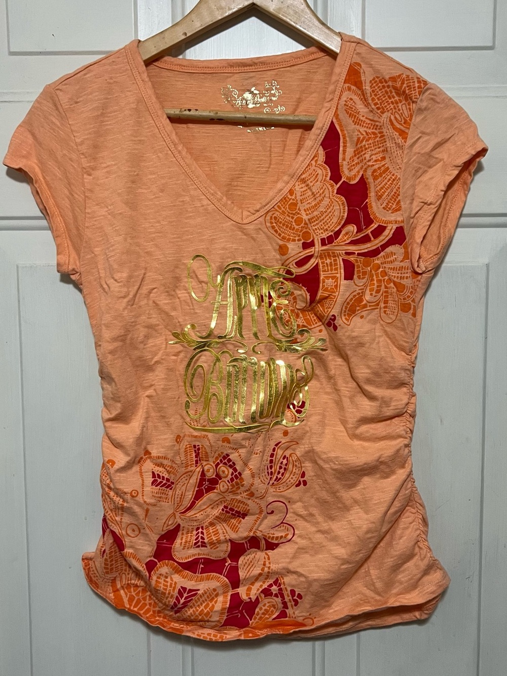Vintage Apple Bottoms Peach Graphic Ruched Y2K Tee Size M